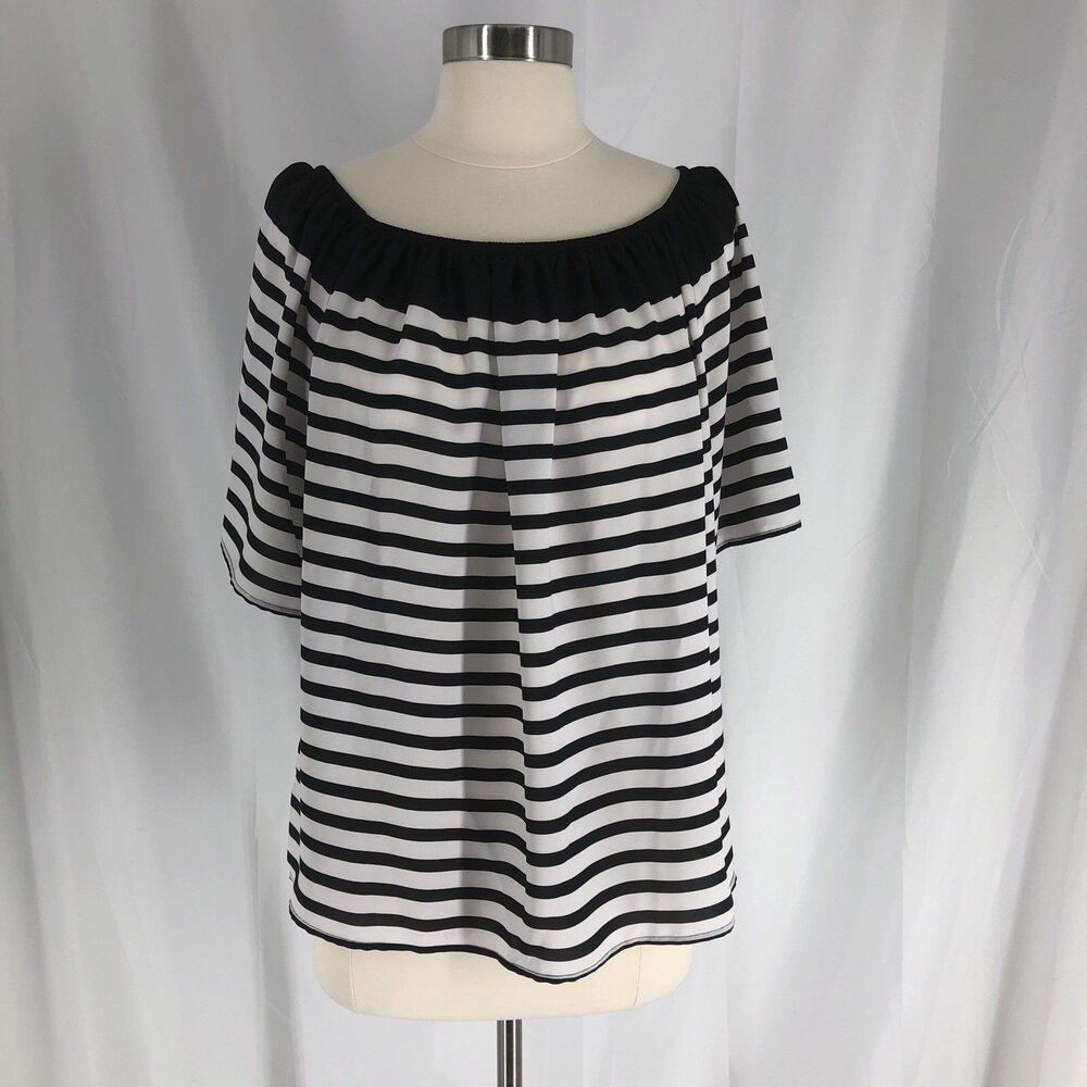 Loft Blouse Size M Black White Striped Elastic Cuff Off Shoulder Boho